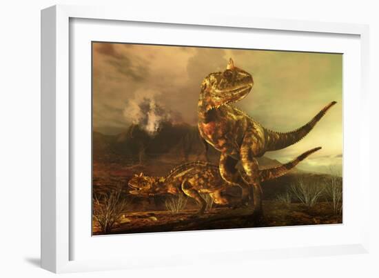 A Pair of Carnotaurus Dinosaurs on the Prowl-null-Framed Art Print