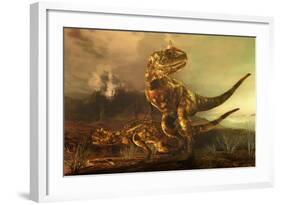 A Pair of Carnotaurus Dinosaurs on the Prowl-null-Framed Art Print