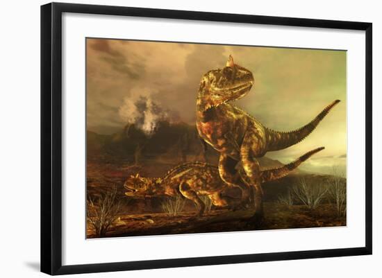 A Pair of Carnotaurus Dinosaurs on the Prowl-null-Framed Art Print