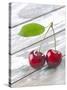 A Pair of Cherries with a Leaf on a Wooden Table-Jürgen Klemme-Stretched Canvas