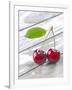 A Pair of Cherries with a Leaf on a Wooden Table-Jürgen Klemme-Framed Photographic Print