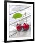 A Pair of Cherries with a Leaf on a Wooden Table-Jürgen Klemme-Framed Photographic Print