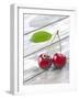 A Pair of Cherries with a Leaf on a Wooden Table-Jürgen Klemme-Framed Photographic Print