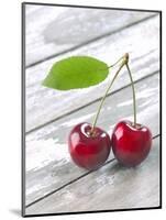 A Pair of Cherries with a Leaf on a Wooden Table-Jürgen Klemme-Mounted Photographic Print