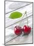 A Pair of Cherries with a Leaf on a Wooden Table-Jürgen Klemme-Mounted Photographic Print