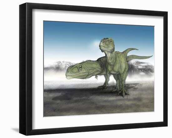 A Pair of Giganotosaurus Make their Way across a Volcanic Landscape-Stocktrek Images-Framed Art Print