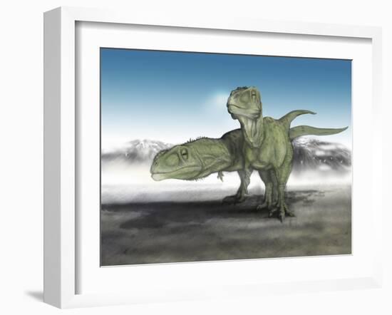 A Pair of Giganotosaurus Make their Way across a Volcanic Landscape-Stocktrek Images-Framed Art Print