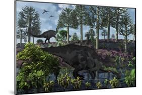 A Pair of Herbivorous Camptosaurus Dinosaurs Grazing-null-Mounted Premium Giclee Print