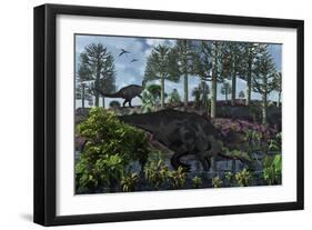 A Pair of Herbivorous Camptosaurus Dinosaurs Grazing-null-Framed Art Print