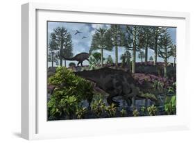 A Pair of Herbivorous Camptosaurus Dinosaurs Grazing-null-Framed Art Print