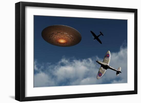 A Pair of Royal Air Force Supermarine Spitfires Giving Chase to a Ufo-null-Framed Art Print