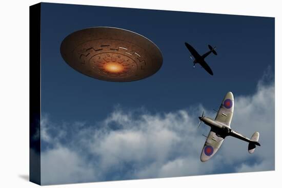 A Pair of Royal Air Force Supermarine Spitfires Giving Chase to a Ufo-null-Stretched Canvas