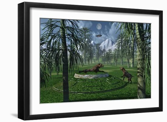 A Pair of Sabre-Tooth Tigers Encountering Ufo'S-null-Framed Art Print