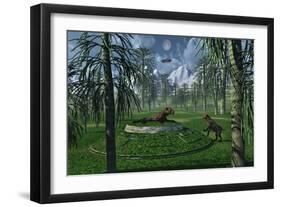 A Pair of Sabre-Tooth Tigers Encountering Ufo'S-null-Framed Art Print