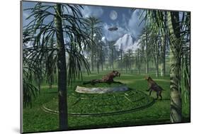 A Pair of Sabre-Tooth Tigers Encountering Ufo'S-null-Mounted Art Print