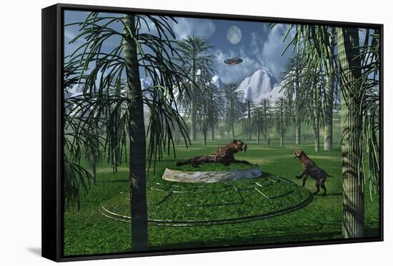 A Pair of Sabre-Tooth Tigers Encountering Ufo'S-null-Framed Stretched Canvas