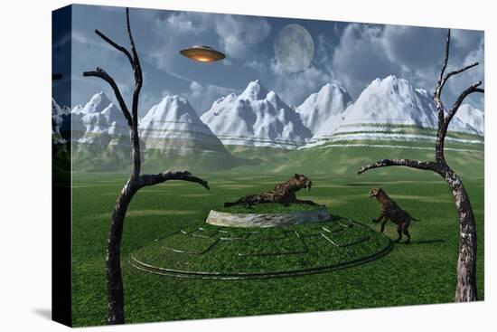 A Pair of Sabre-Tooth Tigers Encountering Ufo'S-null-Stretched Canvas