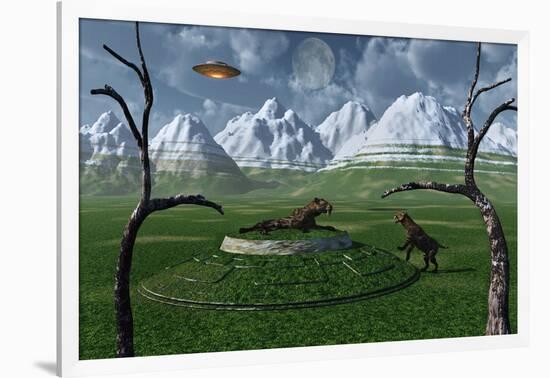 A Pair of Sabre-Tooth Tigers Encountering Ufo'S-null-Framed Art Print