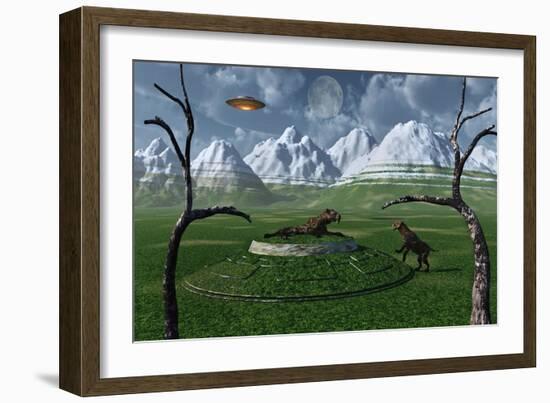 A Pair of Sabre-Tooth Tigers Encountering Ufo'S-null-Framed Art Print