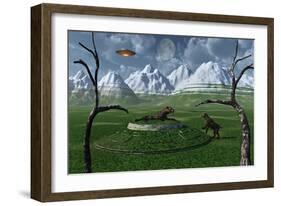 A Pair of Sabre-Tooth Tigers Encountering Ufo'S-null-Framed Art Print