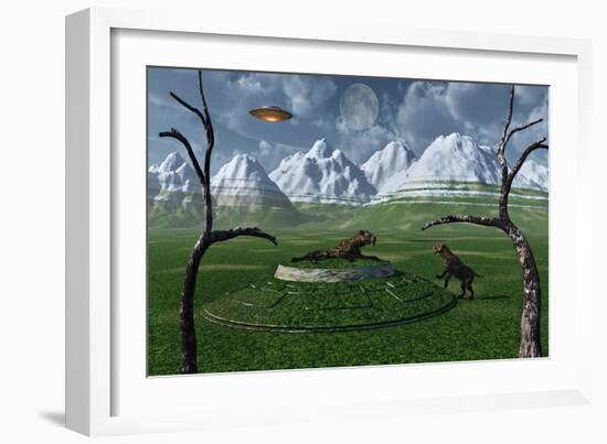 A Pair of Sabre-Tooth Tigers Encountering Ufo'S-null-Framed Art Print