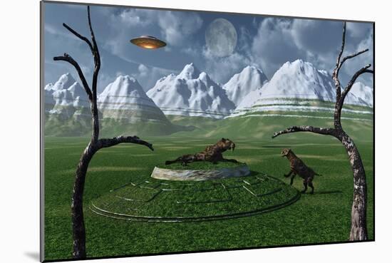 A Pair of Sabre-Tooth Tigers Encountering Ufo'S-null-Mounted Art Print