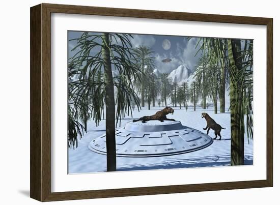 A Pair of Sabre-Tooth Tigers Encountering Ufo'S-null-Framed Art Print