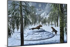 A Pair of Sabre-Tooth Tigers Encountering Ufo'S-null-Mounted Art Print
