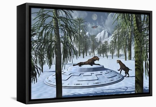 A Pair of Sabre-Tooth Tigers Encountering Ufo'S-null-Framed Stretched Canvas