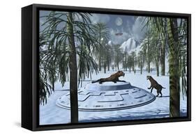 A Pair of Sabre-Tooth Tigers Encountering Ufo'S-null-Framed Stretched Canvas