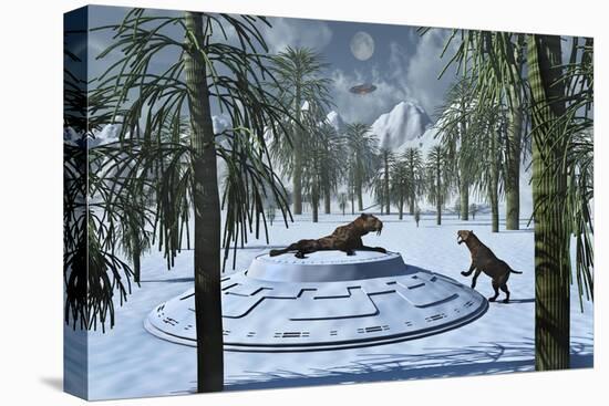 A Pair of Sabre-Tooth Tigers Encountering Ufo'S-null-Stretched Canvas