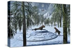 A Pair of Sabre-Tooth Tigers Encountering Ufo'S-null-Stretched Canvas