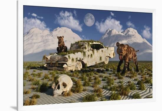 A Pair of Sabre-Toothed Tigers Come across a 1950's American Chevrolet-null-Framed Art Print
