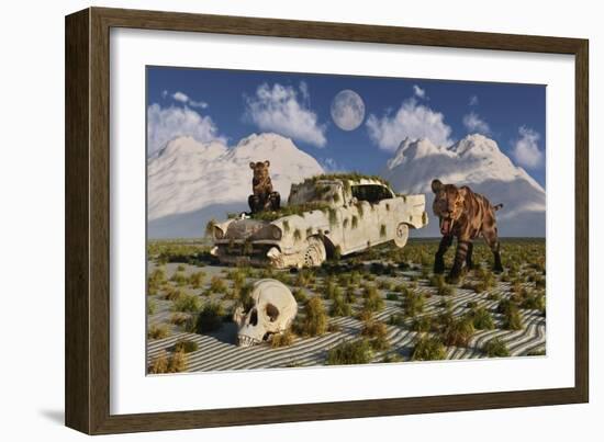 A Pair of Sabre-Toothed Tigers Come across a 1950's American Chevrolet-null-Framed Art Print