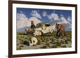 A Pair of Sabre-Toothed Tigers Come across a 1950's American Chevrolet-null-Framed Art Print