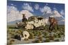 A Pair of Sabre-Toothed Tigers Come across a 1950's American Chevrolet-null-Mounted Art Print