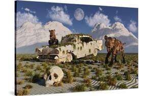 A Pair of Sabre-Toothed Tigers Come across a 1950's American Chevrolet-null-Stretched Canvas