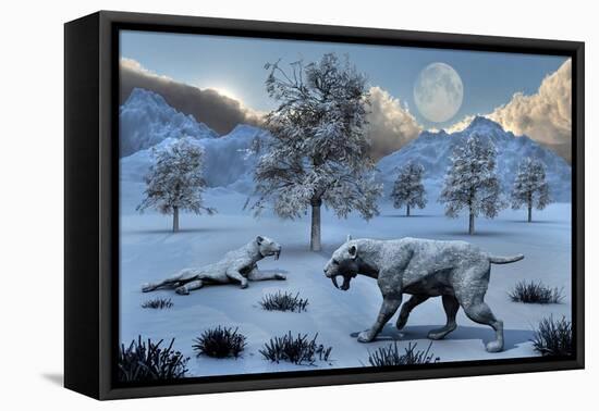 A Pair of Sabre-Toothed Tigers Surviving a Prehistoric Winter-null-Framed Stretched Canvas