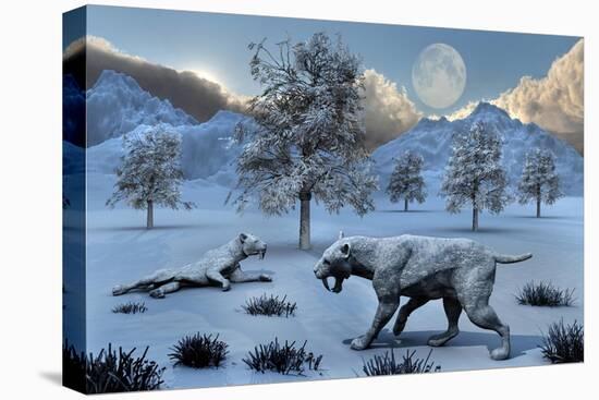 A Pair of Sabre-Toothed Tigers Surviving a Prehistoric Winter-null-Stretched Canvas