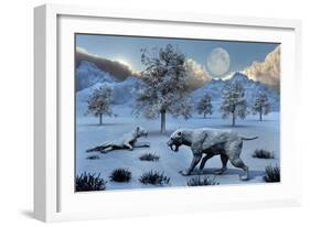 A Pair of Sabre-Toothed Tigers Surviving a Prehistoric Winter-null-Framed Art Print
