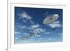 A Pair of Silver Metallic Disc Shaped Ufo's Buzzing a Boeing 747 Commerical Airliner-null-Framed Art Print