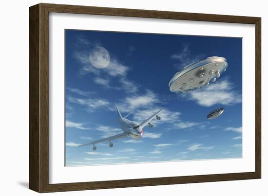 A Pair of Silver Metallic Disc Shaped Ufo's Buzzing a Boeing 747 Commerical Airliner-null-Framed Art Print