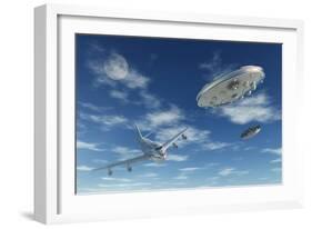 A Pair of Silver Metallic Disc Shaped Ufo's Buzzing a Boeing 747 Commerical Airliner-null-Framed Art Print