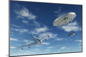 A Pair of Silver Metallic Disc Shaped Ufo's Buzzing a Boeing 747 Commerical Airliner-null-Mounted Art Print