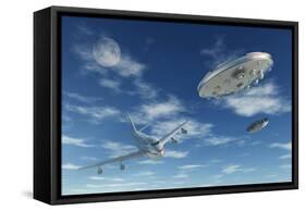 A Pair of Silver Metallic Disc Shaped Ufo's Buzzing a Boeing 747 Commerical Airliner-null-Framed Stretched Canvas
