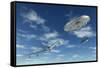 A Pair of Silver Metallic Disc Shaped Ufo's Buzzing a Boeing 747 Commerical Airliner-null-Framed Stretched Canvas