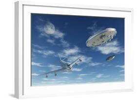 A Pair of Silver Metallic Disc Shaped Ufo's Buzzing a Boeing 747 Commerical Airliner-null-Framed Art Print