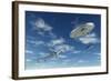 A Pair of Silver Metallic Disc Shaped Ufo's Buzzing a Boeing 747 Commerical Airliner-null-Framed Art Print