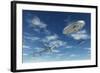 A Pair of Silver Metallic Disc Shaped Ufo's Buzzing a Boeing 747 Commerical Airliner-null-Framed Art Print