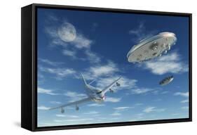 A Pair of Silver Metallic Disc Shaped Ufo's Buzzing a Boeing 747 Commerical Airliner-null-Framed Stretched Canvas
